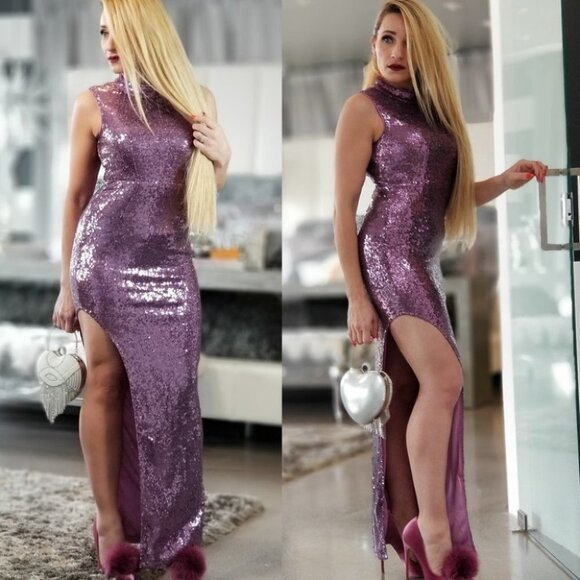 Purple Sequin Dress with High Slit - Picture 1 of 3